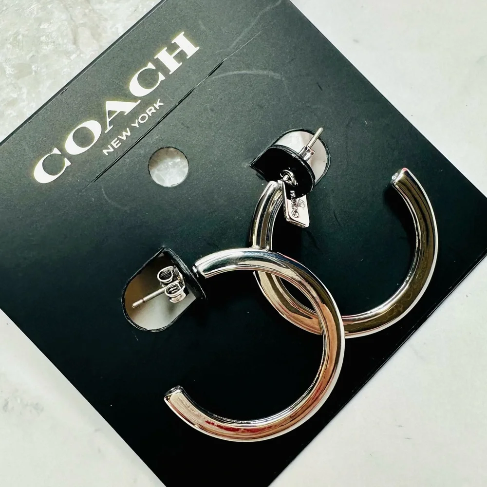 NEW! Coach Silver Colored Medium Signature Hoop Earrings - Picture 6 of 15